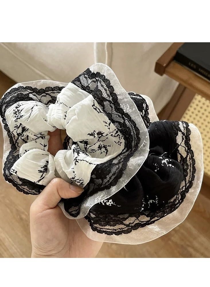 قطعتان من ربطات الشعر الدانتيل الأنيقة، ربطات شعر دانتيل أورجانزا باللونين الأبيض والأسود، ربطات شعر مرنة لا تسبب ضررًا للشعر الطويل الكثيف والمجعد - Image 1