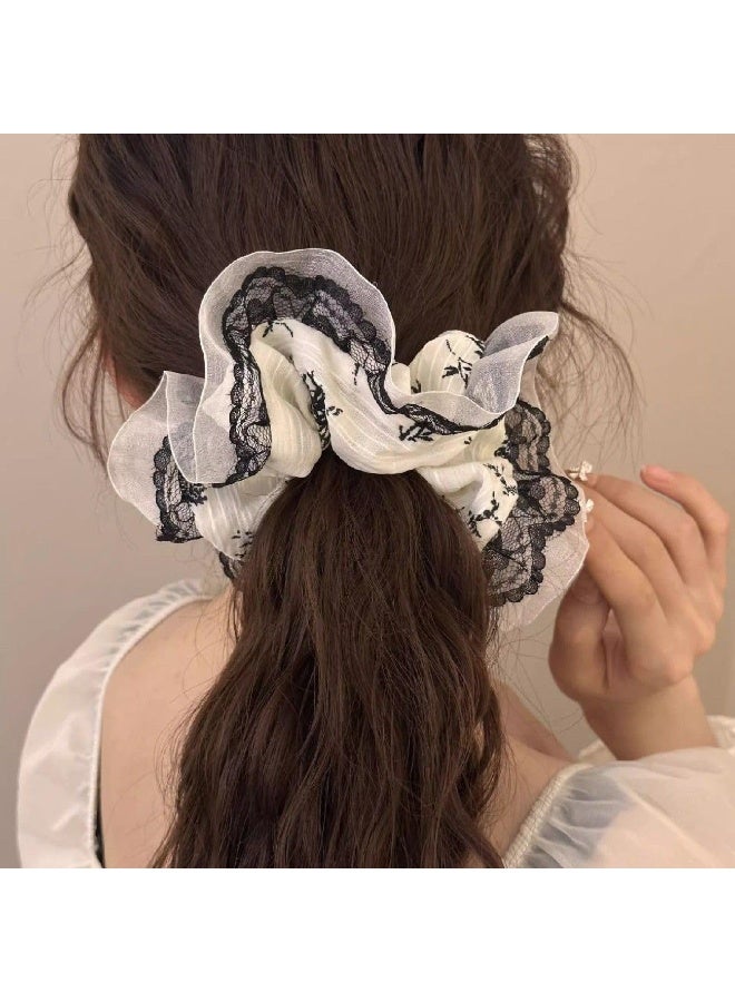 قطعتان من ربطات الشعر الدانتيل الأنيقة، ربطات شعر دانتيل أورجانزا باللونين الأبيض والأسود، ربطات شعر مرنة لا تسبب ضررًا للشعر الطويل الكثيف والمجعد - Image 2