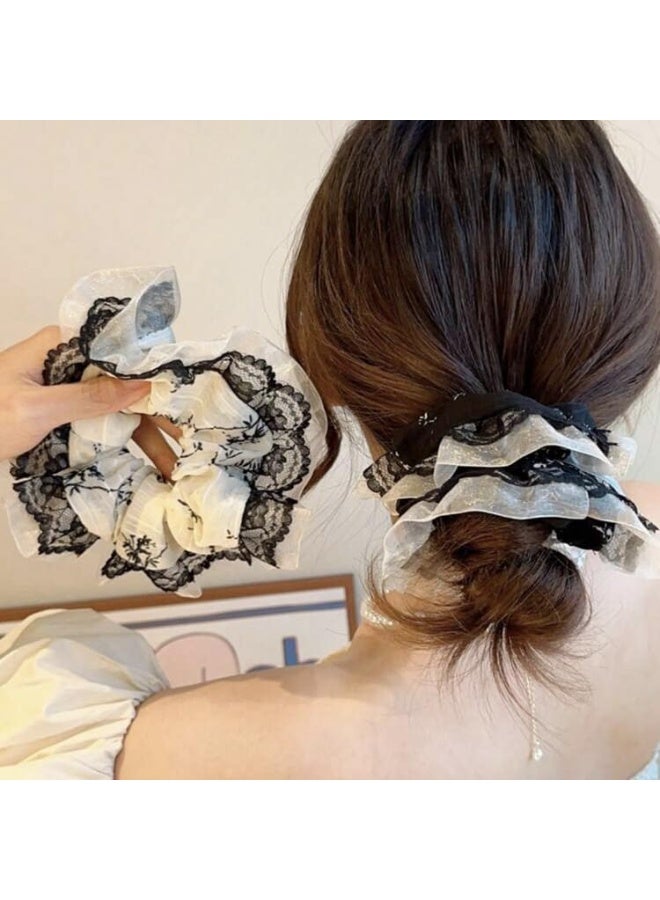 قطعتان من ربطات الشعر الدانتيل الأنيقة، ربطات شعر دانتيل أورجانزا باللونين الأبيض والأسود، ربطات شعر مرنة لا تسبب ضررًا للشعر الطويل الكثيف والمجعد - Image 4
