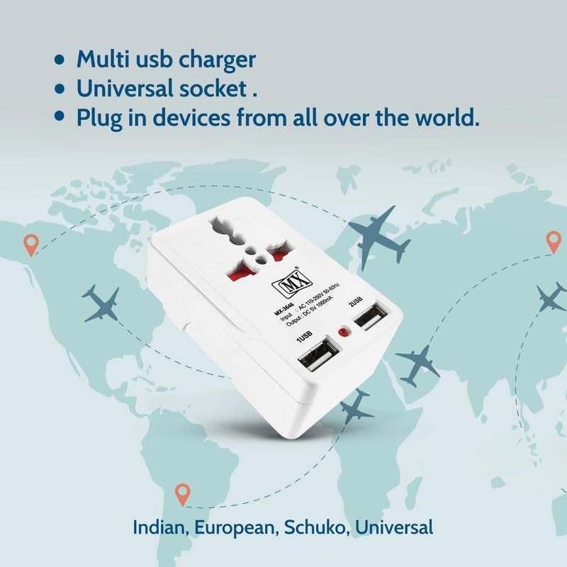 MX محول متعدد المآخذ مع شاحن منفذ USB مع مآخذ متعددة 2 و 3 دبابيس محول طاقة 10A مزدوج USB ومأخذ عالمي متعدد المآخذ مع غطاء أمان - Image 2