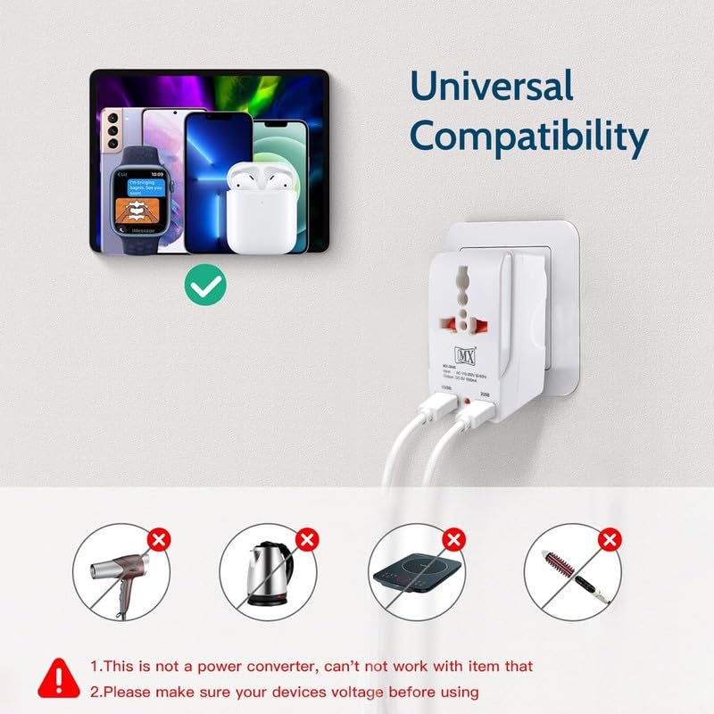 MX محول متعدد المآخذ مع شاحن منفذ USB مع مآخذ متعددة 2 و 3 دبابيس محول طاقة 10A مزدوج USB ومأخذ عالمي متعدد المآخذ مع غطاء أمان - Image 4