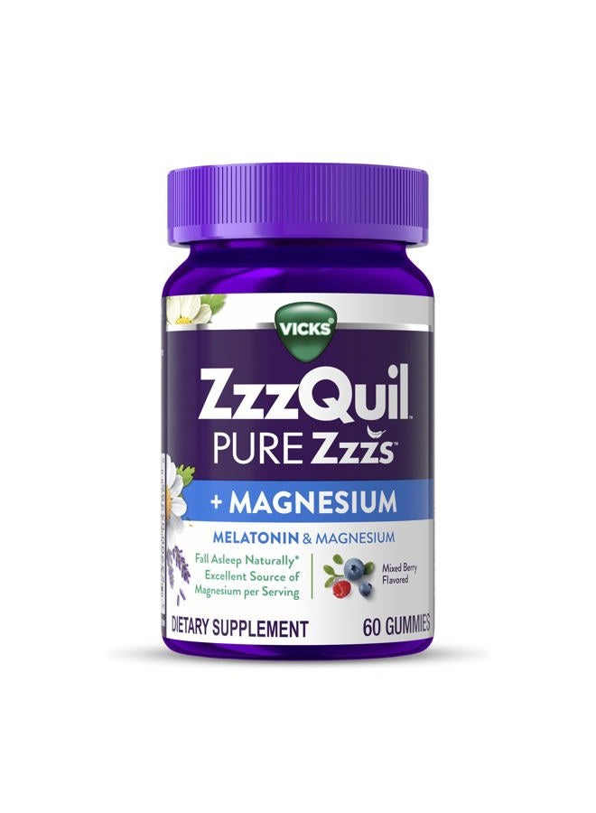 Vicks ZzzQuil Pure Zzzs + Magnesium, Sleep Aid, Magnesium Citrate and Melatonin Gummies, Melatonin 2mg, Sleep Aids for Adults, Mixed Berry Flavored, 60 Sleep Gummies - Image 1