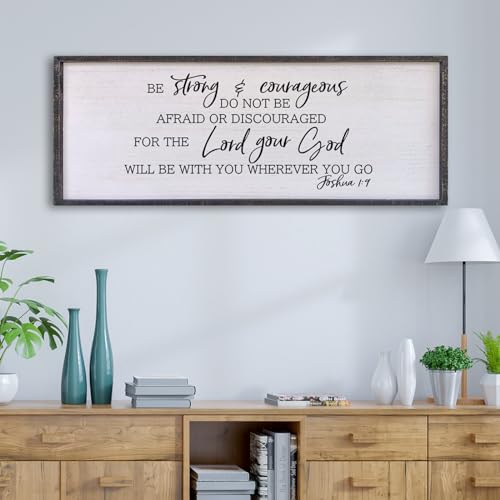 Surfapans Be Strong And Courageous Sign Wall Decor 32x12 Large Farmhouse Living Room Plaque Joshua 19 Bible Verse Inspirational Quote Positive Faith Home Hanging Rustic Catholic Scripture Christian Art Black - Image 1