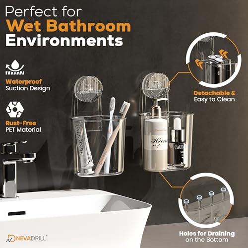 NEVADRILL Wall Mounted Toothbrush Holder with Vacuum Suction Lever Lock, No Drill Bathroom Organizer for Toothbrush, Toothpaste & Razor, Strong Hold on Tiles & Glass (Pack of 1) [ND-13812] - Image 3