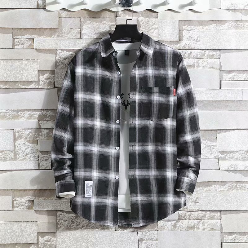 2023 fleece-lined thick thermal shirt mens plaid casual shirt brushed youth Korean-style slim-fit fleece shirt 9005# Black [regular]]