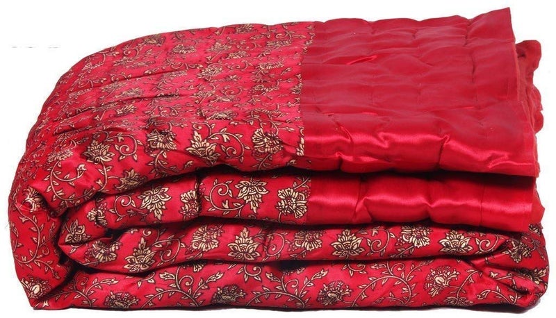 Lilfly Rajasthani Cotton Filled Light Weight Silk Single Bed Soft Jaipuri AC Quilt Over All Floral Print Design with Gold Print Quilts Blankets for Home (Size 55X85 inch) - red TDS-40 - Image 2