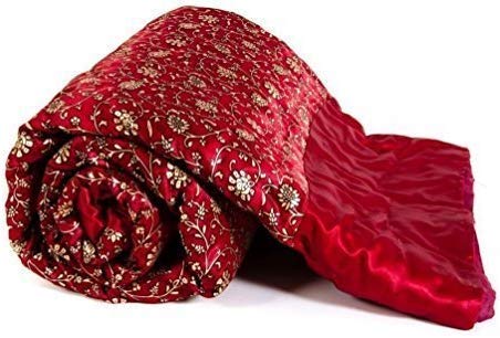 Lilfly Rajasthani Cotton Filled Light Weight Silk Single Bed Soft Jaipuri AC Quilt Over All Floral Print Design with Gold Print Quilts Blankets for Home (Size 55X85 inch) - red TDS-40 - Image 1