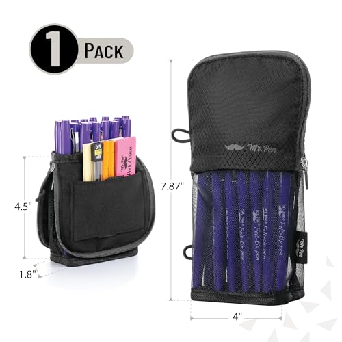 Mr. Pen- Standing Pencil Case Pouch, Sit & Lay Mesh-View Design, Black with Gray Zipper, Interior Pocket & 2 Elastic Binder Loops, Cute Pencil Case for Girls and Boys - Image 2