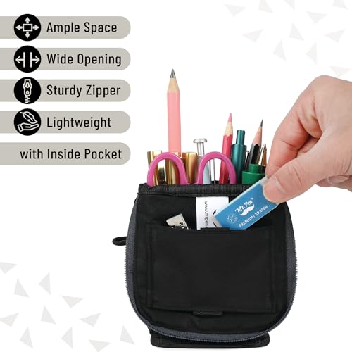 Mr. Pen- Standing Pencil Case Pouch, Sit & Lay Mesh-View Design, Black with Gray Zipper, Interior Pocket & 2 Elastic Binder Loops, Cute Pencil Case for Girls and Boys - Image 3