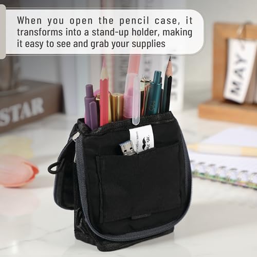 Mr. Pen- Standing Pencil Case Pouch, Sit & Lay Mesh-View Design, Black with Gray Zipper, Interior Pocket & 2 Elastic Binder Loops, Cute Pencil Case for Girls and Boys - Image 5
