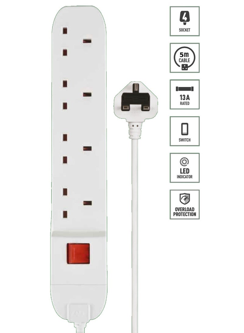 ماستربلاج مشترك كهرباء ماستر بلج 4 مخارج مع كابل 5 متر 13 أمبير مع مفتاح تشغيل ولمبة مؤشر وحماية من الحمل الزائد – أبيض - Image 4