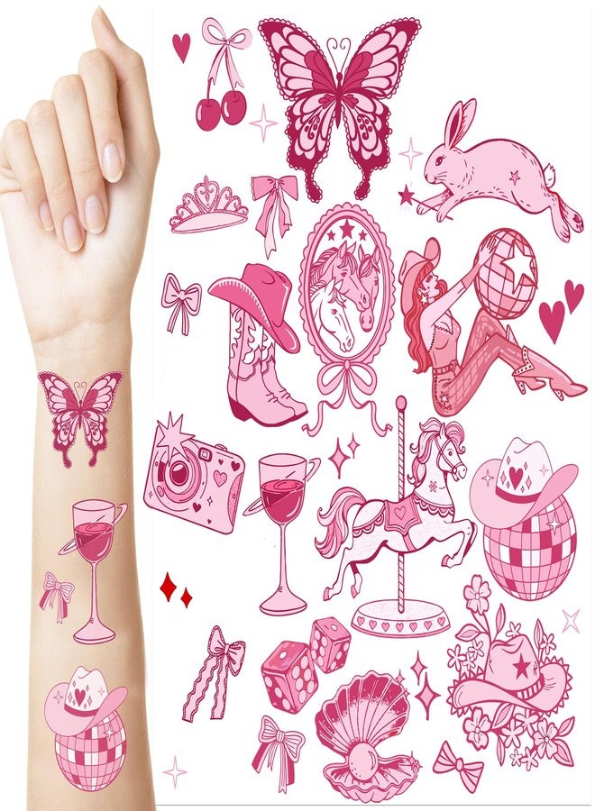 HOMEZZO Pink Pony Club Temporary Tattoos - Disco Cowgirls Girls Night Decorations for Bachelorette Birthday Party Favor Accessories - Image 1