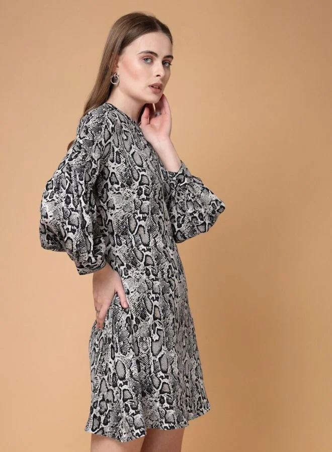 Freehand  Women Regular Fit Animal Printed Round Neck Long Sleeve Shift Dress for Women | Best Price UAE