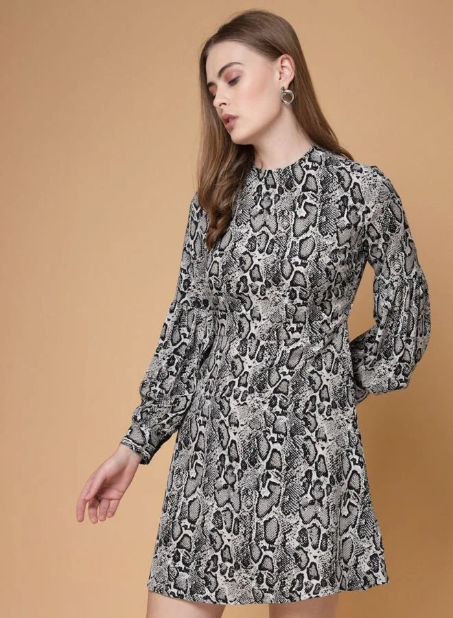 Freehand  Women Regular Fit Animal Printed Round Neck Long Sleeve Shift Dress for Women | Best Price UAE