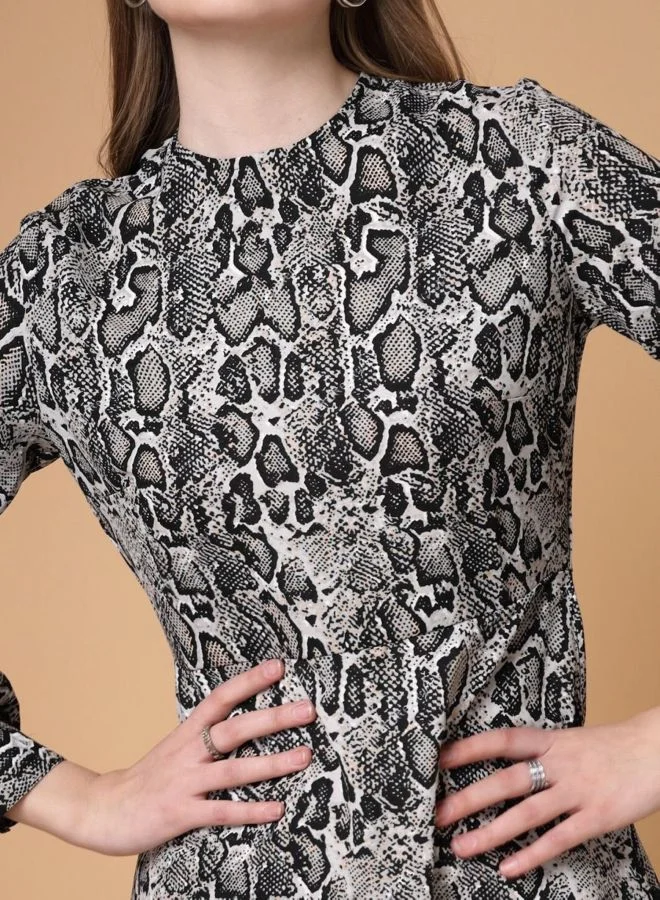 Freehand  Women Regular Fit Animal Printed Round Neck Long Sleeve Shift Dress for Women | Best Price UAE