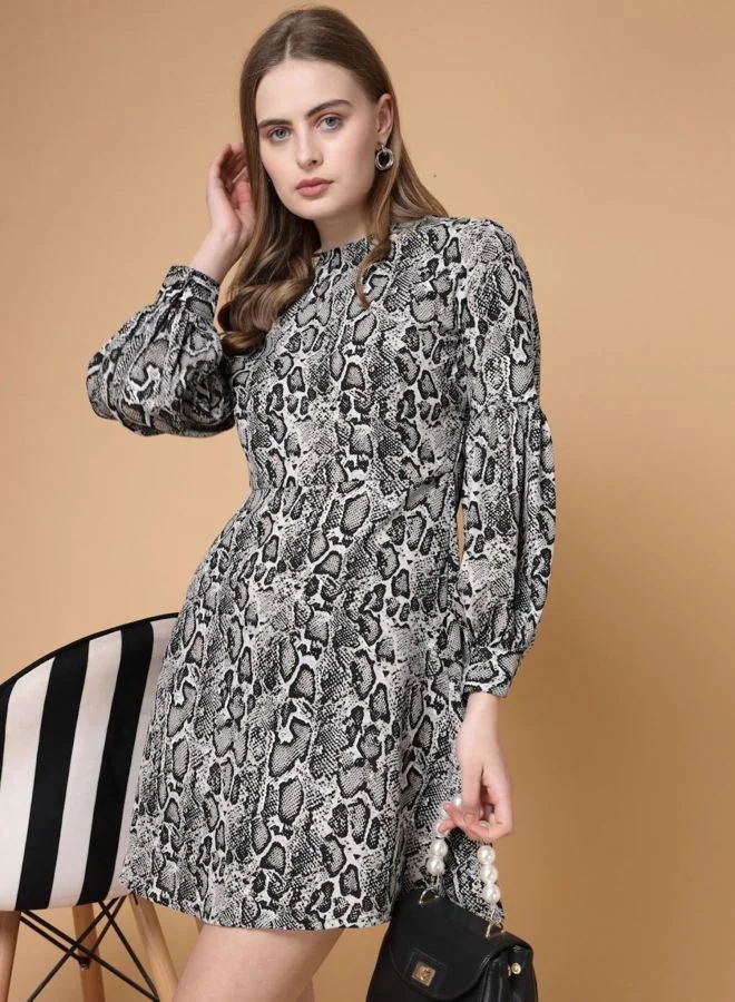 Freehand  Women Regular Fit Animal Printed Round Neck Long Sleeve Shift Dress for Women | Best Price UAE