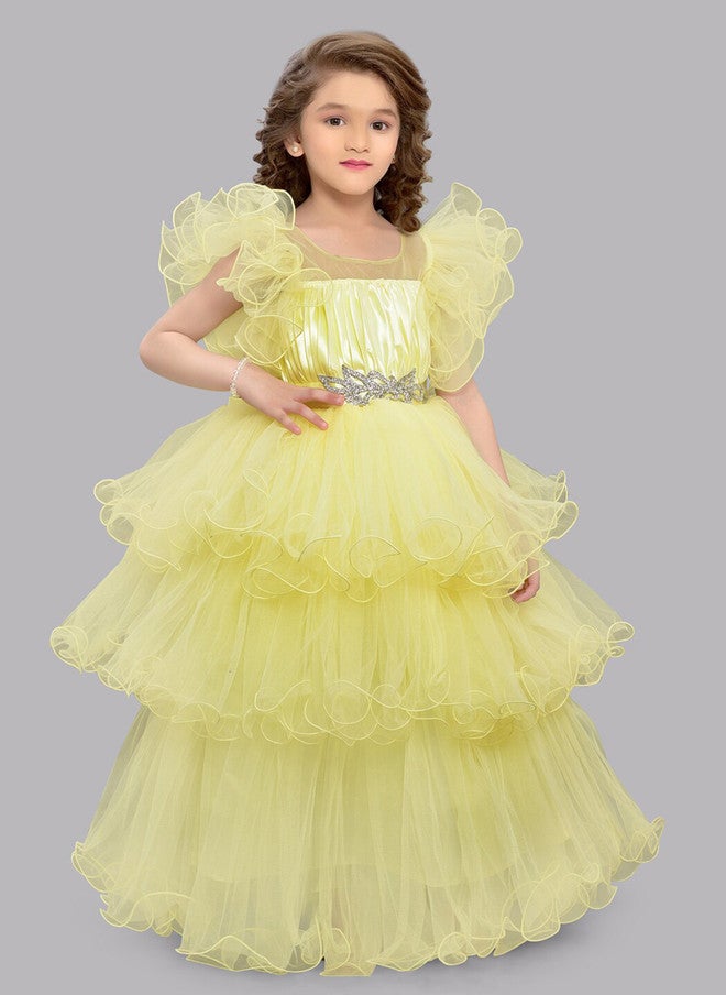 PinkChick فستان ماكسي شبكي بطبقات صفراء للفتيات - Image 1