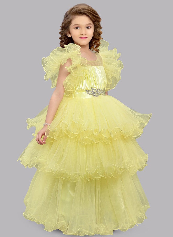 PinkChick فستان ماكسي شبكي بطبقات صفراء للفتيات - Image 3