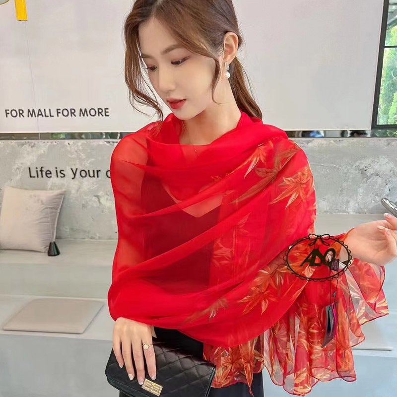 Spring and Summer New Silk Scarf Ice Silk Yourou Yarou Printed Scarf Womens Thin Scarf Sunscreen Scarf Beach Scarf Long Generation Yourou yarn-bamboo leaves autumn red 
