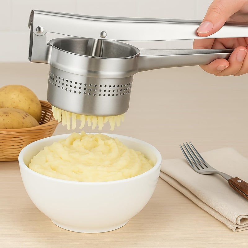 BNYD Stainless Steel Potato Ricer and Masher – Heavy Duty Manual Press for Smooth Mashed Potatoes, Baby Food, Vegetables, Garlic – Ergonomic Non-Slip Handle Kitchen Tool for Cooking Prep - Image 2