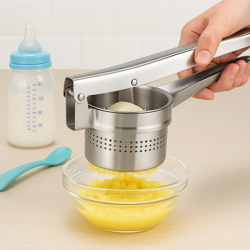 BNYD Stainless Steel Potato Ricer and Masher – Heavy Duty Manual Press for Smooth Mashed Potatoes, Baby Food, Vegetables, Garlic – Ergonomic Non-Slip Handle Kitchen Tool for Cooking Prep - Image 4