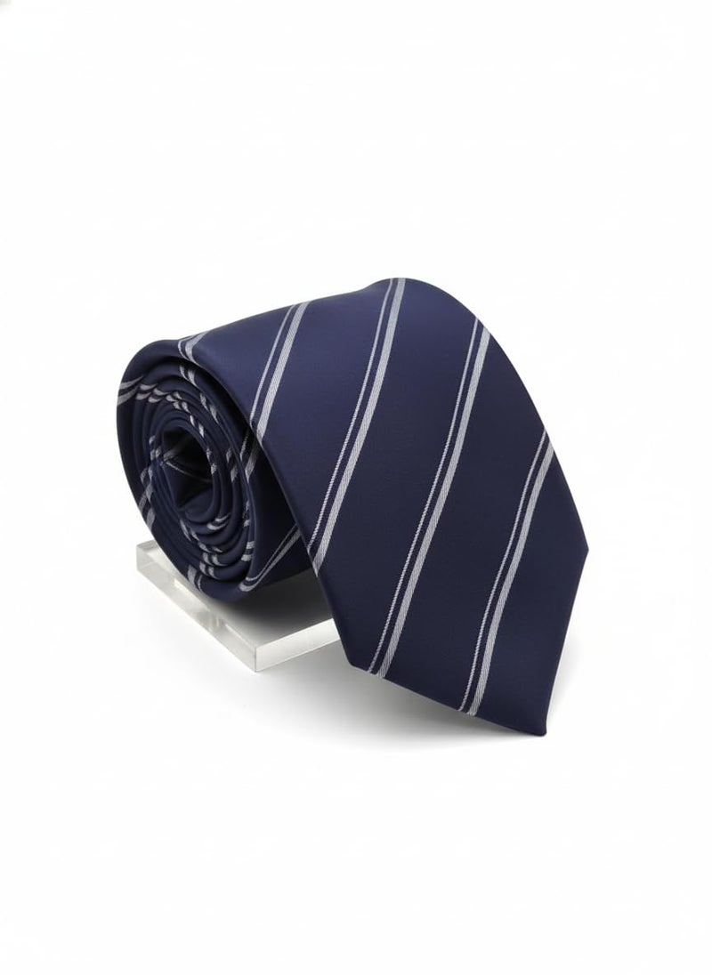 Young Arrow Men's Stripe Microfiber Necktie | Formal Tie for Office, Wedding & Party | Elegant Striped Pattern | Business, Casual & Gift Wear Accessory (Navy & White) - Image 2