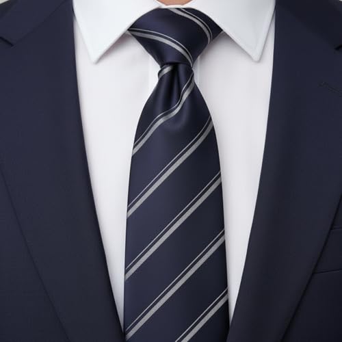 Young Arrow Men's Stripe Microfiber Necktie | Formal Tie for Office, Wedding & Party | Elegant Striped Pattern | Business, Casual & Gift Wear Accessory (Navy & White) - Image 4
