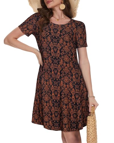 elescat Dresses for Women Short Sleeve Fashion Tunic Dress Summer Swing Pockets Tshirt Dress (Black Orange Floral, XL) - Image 4
