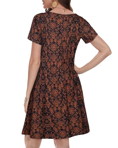 elescat Dresses for Women Short Sleeve Fashion Tunic Dress Summer Swing Pockets Tshirt Dress (Black Orange Floral, XL) - Image 5