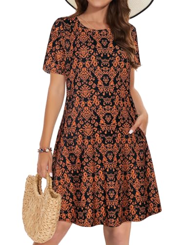 elescat Dresses for Women Short Sleeve Fashion Tunic Dress Summer Swing Pockets Tshirt Dress (Black Orange Floral, XL) - Image 1
