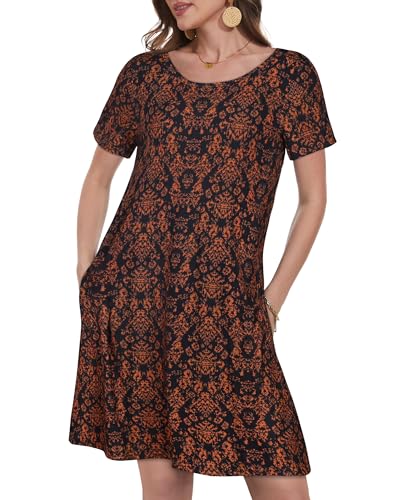 elescat Dresses for Women Short Sleeve Fashion Tunic Dress Summer Swing Pockets Tshirt Dress (Black Orange Floral, XL) - Image 2