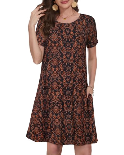 elescat Dresses for Women Short Sleeve Fashion Tunic Dress Summer Swing Pockets Tshirt Dress (Black Orange Floral, XL) - Image 3