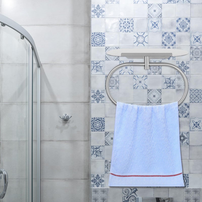Silver Adhesive Towel Rack With Storage Shelf No Drill Wall Mounted Space Organizer - Image 5