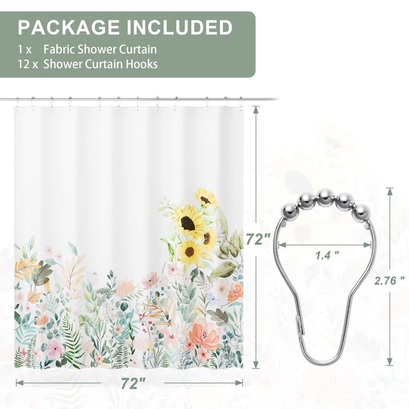 AmazerBath Floral Shower Curtain, Cloth Fall Flower Shower Curtains for Bathroom Decor, Rustic Washable Sunflower Eucalyptus and Leaves Fabric Shower Curtain Sets with 12 Metal Hooks, 72x72 Inches - Image 3