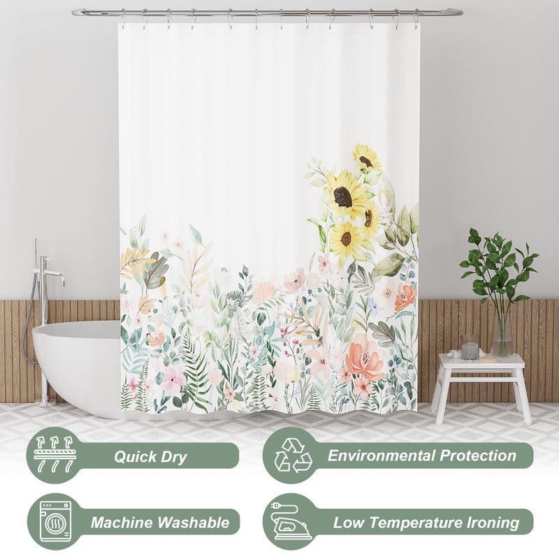 AmazerBath Floral Shower Curtain, Cloth Fall Flower Shower Curtains for Bathroom Decor, Rustic Washable Sunflower Eucalyptus and Leaves Fabric Shower Curtain Sets with 12 Metal Hooks, 72x72 Inches - Image 4