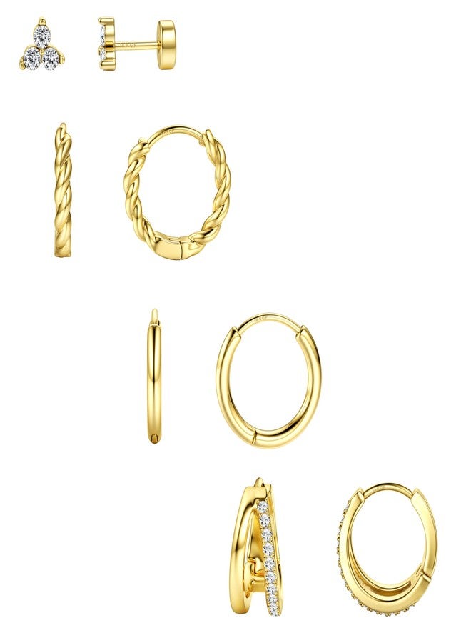 BESTEEL Small Hoop Earrings for Women - Hypoallergenic 14K Gold Plated Surgical Steel Chunky Huggie Earings Stacks Set Dainty Cute Cartilage Flat Back Stud Jewelry Trendy Gift 4 Pairs - Image 1