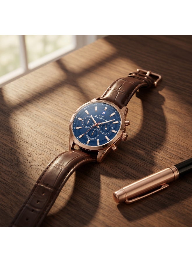 Ben Sherman Cambridge Blue Dial Brown Genuine Leather Strap Chronograph Watch for Men, 42mm - Image 4