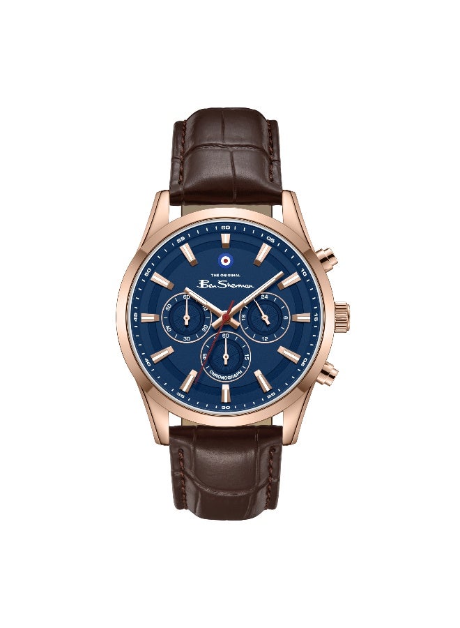 Ben Sherman Cambridge Blue Dial Brown Genuine Leather Strap Chronograph Watch for Men, 42mm - Image 1