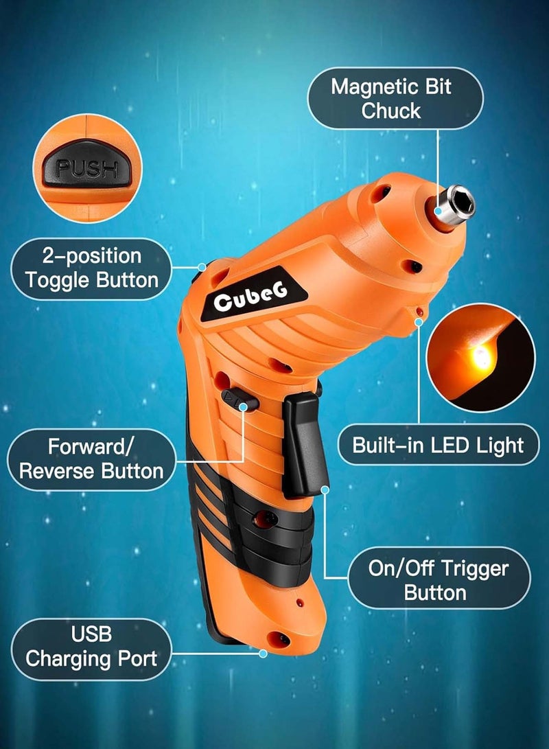 CubeG 3.7V Cordless Electric Screwdriver Set, 5Nm Rechargeable Screwdriver Kit 47Pcs, Type C Cable Dual Position Handle, 1300mAh Battery Indicator, Flexible Shaft, LED Light - Image 4