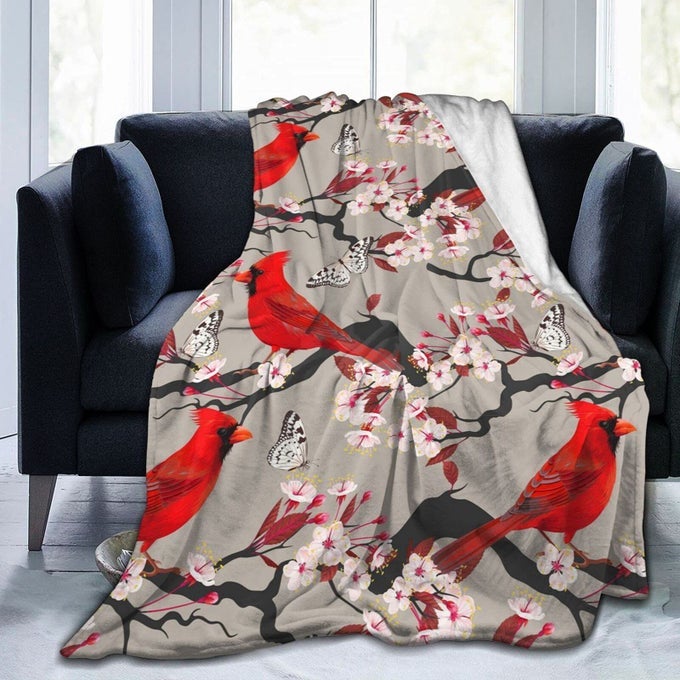 LIGHTWEIGHT MICROFIBER PLUSH THROW BLANKET AIR CONDITIONER FOR COUCH BED SOFA TRAVEL ALL SEASONS CARDINALS BIRDS CHERRY FLOWERS 5060