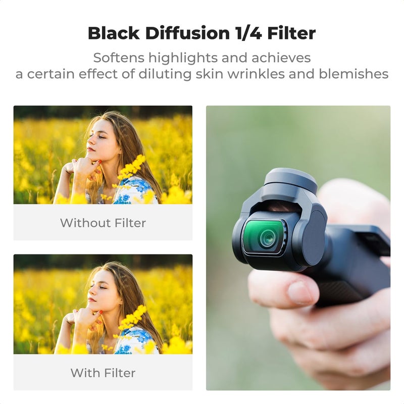 K&F CONCEPT Magnetic Wide Angle Lens & Effect & ND & CPL Filter Set Compatible with DJI Osmo Pocket 3, 4 Pack Wide-Angle Lens CPL Black Diffusion 1/4 ND2-32 Filters, HD Optical Glass/Multi-Coated - Image 4