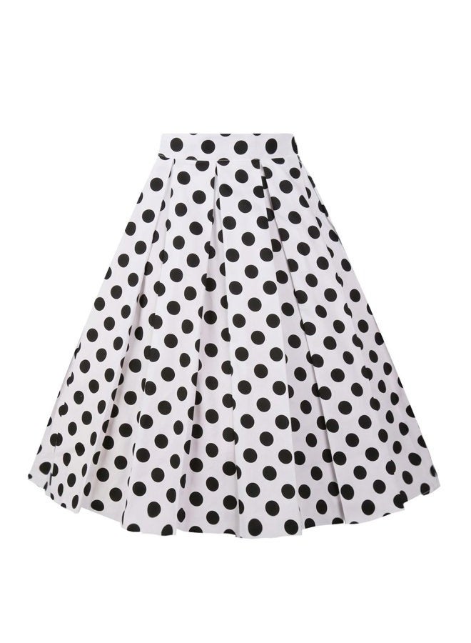Girstunm Women's Pleated Vintage Skirt Floral Print A-line Midi Skirts with Pockets, White-black Dot, M - Image 1