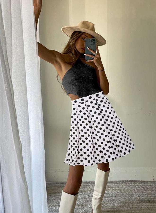Girstunm Women's Pleated Vintage Skirt Floral Print A-line Midi Skirts with Pockets, White-black Dot, M - Image 3