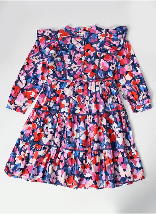 بيلا مودا Bella Moda All-Over Floral Print Ruffle Trim Tiered Dress with 3/4th Sleeves