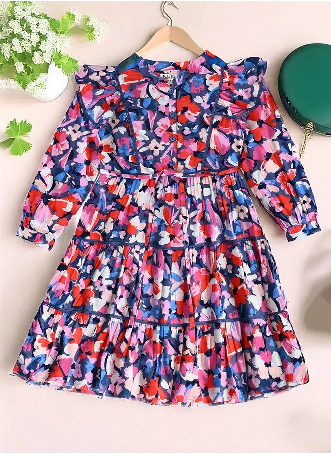 بيلا مودا Bella Moda All-Over Floral Print Ruffle Trim Tiered Dress with 3/4th Sleeves