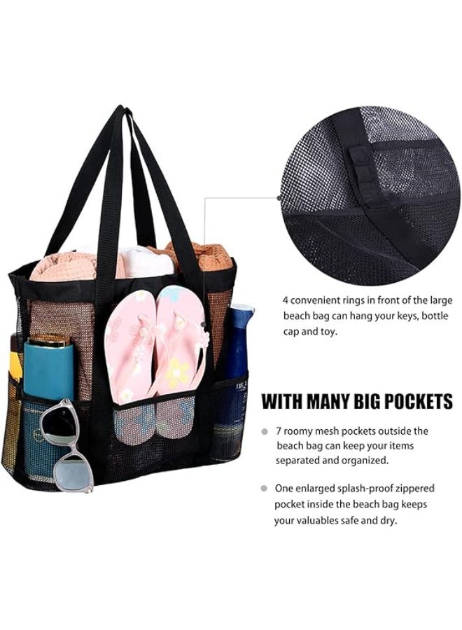 سونسر حقيبة شاطئ شبكية - حقيبة كبيرة بسحاب وجيوب متعددة لحقيبة الشاطئ العائلية للألعاب وأساسيات العطلة - Image 4