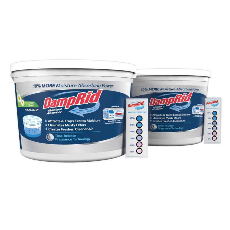 DampRid HiCapacity Moisture Absorber Bucket Fresh Scent 2 lb 155 oz  Moisture Detection Strip 2 Pack Attracts  Traps Excess Moisture