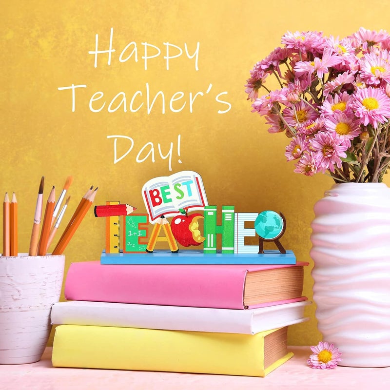 Jetec Teacher Appreciation Table Centerpieces Best Teacher Sign Table Decorations for Student to Teacher Home Decor Classrooms Desks Teaching Wooden Signs Topper (4) - Image 3