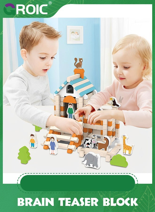 GROIC 112pcs Classic Wooden Building Blocks Set,Wooden for Kids,Brainteaser Educational Puzzles,DIY Brain Teaser Puzzle Toy,Preschool Learning Montessori Toys - Image 3