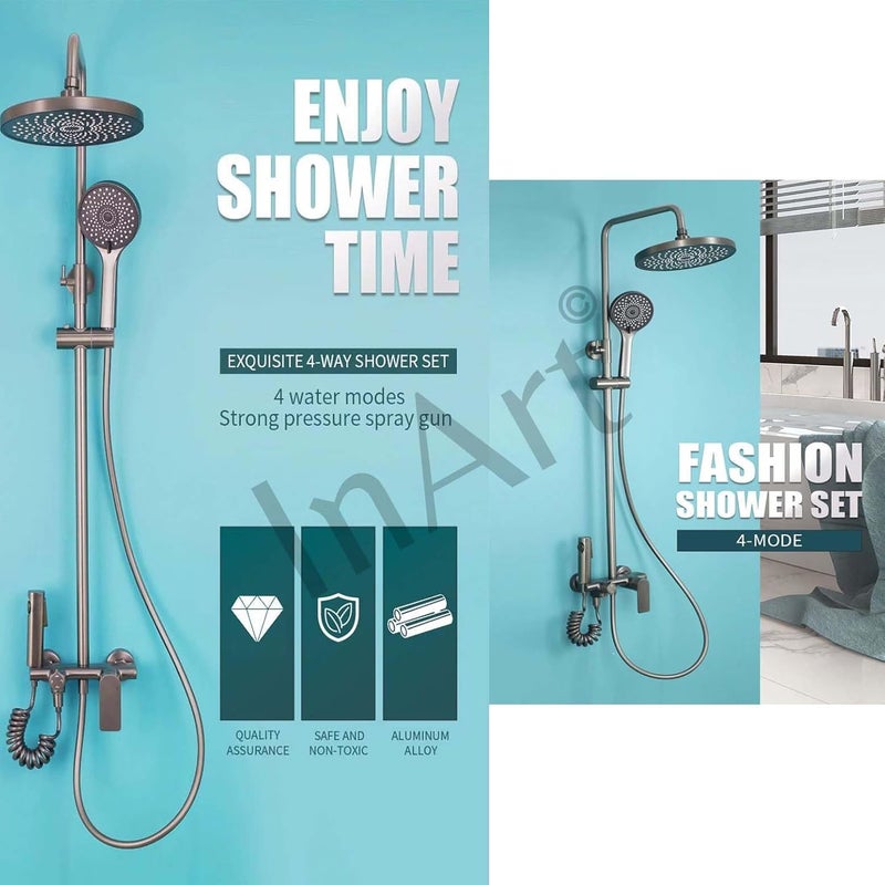 InArt Shower Panel for Bathroom Wall Mixer 3 in 1 Shower Set Luxury Panels Single Lever Hot and Cold With Handshower Faucet Spout Complete Washroom Showers Gun Grey Color - Image 3